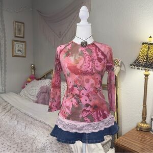 Y2K Pink Mesh 3/4 Sleeve Top